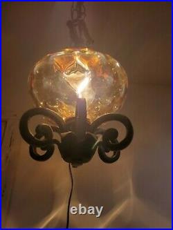 Small Amber Swag Hanging Globe Light Made From VTG Lamp Parts Ribbed Glass Lamp