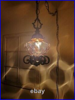 Small Amber Swag Hanging Globe Light Made From VTG Lamp Parts Ribbed Glass Lamp