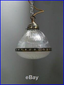 Small Antique Vintage Two Part Holophane Glass Pendant Light Lamp Industrial