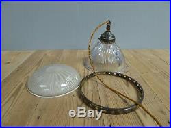 Small Antique Vintage Two Part Holophane Glass Pendant Light Lamp Industrial