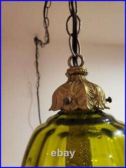Small Green Swag Hanging Globe Light Made From VTG Lamp Parts Ribbed Glass Lamp