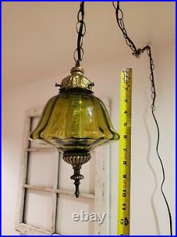 Small Green Swag Hanging Globe Light Made From VTG Lamp Parts Ribbed Glass Lamp