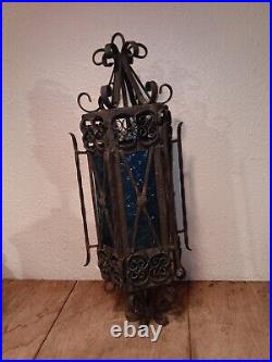 Spanish Revival Wrought Iron Hanging Lamp Gothic BlueGlass Panels Parts