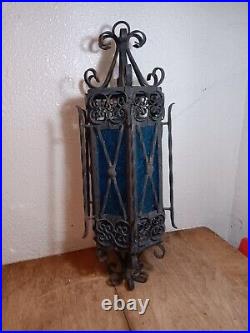 Spanish Revival Wrought Iron Hanging Lamp Gothic BlueGlass Panels Parts