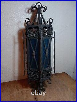 Spanish Revival Wrought Iron Hanging Lamp Gothic BlueGlass Panels Parts