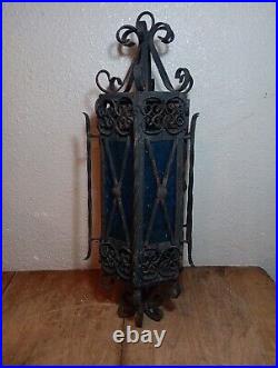 Spanish Revival Wrought Iron Hanging Lamp Gothic BlueGlass Panels Parts