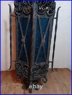 Spanish Revival Wrought Iron Hanging Lamp Gothic BlueGlass Panels Parts