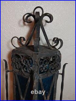 Spanish Revival Wrought Iron Hanging Lamp Gothic BlueGlass Panels Parts