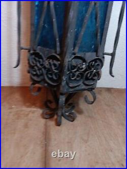 Spanish Revival Wrought Iron Hanging Lamp Gothic BlueGlass Panels Parts