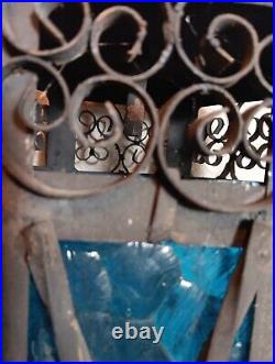 Spanish Revival Wrought Iron Hanging Lamp Gothic BlueGlass Panels Parts