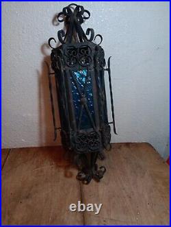 Spanish Revival Wrought Iron Hanging Lamp Gothic BlueGlass Panels Parts