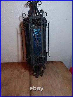 Spanish Revival Wrought Iron Hanging Lamp Gothic BlueGlass Panels Parts