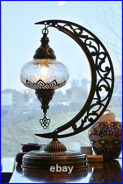 Turkish Mosaic Moon Shape Table Lamp Moroccan Vintage Crescent Bohemian Handmade