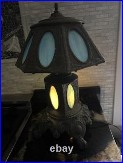 VINTAGE Blue Slag Glass Electric Table Lamp WithMetal Details 18- Parts