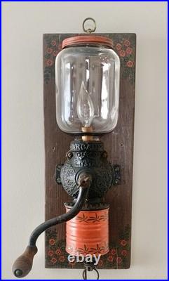 VTG Arcade Crystal Coffee Grinder LAMP, Handcrafted, Cast Iron Wall Mounted, RED