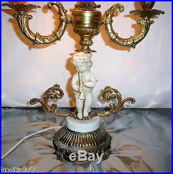 VTG Brass and Ceramic Candelabra Lamp Marble Parts & Ceramic Boy Figurine