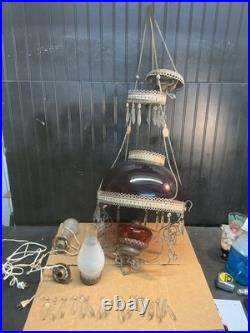 Victorian Electrified Oil Lamp chandelier Cranberry Red Glass 14 Parts Repair