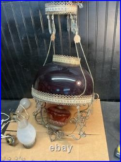 Victorian Electrified Oil Lamp chandelier Cranberry Red Glass 14 Parts Repair