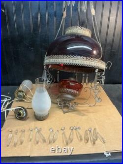 Victorian Electrified Oil Lamp chandelier Cranberry Red Glass 14 Parts Repair
