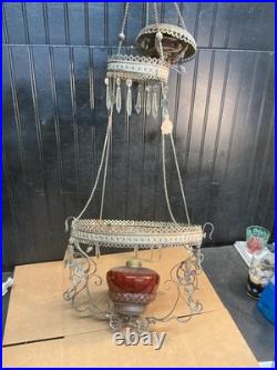 Victorian Electrified Oil Lamp chandelier Cranberry Red Glass 14 Parts Repair