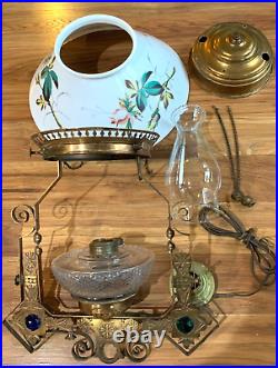 Victorian Milk Glass Library Parlor Hanging Oil Lamp 14 Shade Jeweled for parts