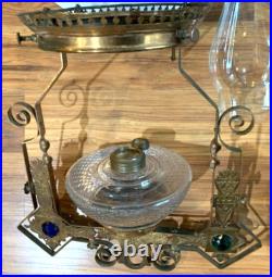 Victorian Milk Glass Library Parlor Hanging Oil Lamp 14 Shade Jeweled for parts