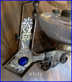 Victorian Milk Glass Library Parlor Hanging Oil Lamp 14 Shade Jeweled for parts