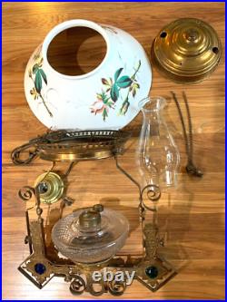 Victorian Milk Glass Library Parlor Hanging Oil Lamp 14 Shade Jeweled for parts