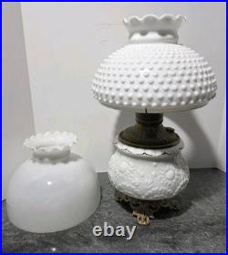 Victorian Royal Embossed Brass Oil Lamp 1890's Flame Spreader Wick, 2 Shades