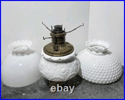 Victorian Royal Embossed Brass Oil Lamp 1890's Flame Spreader Wick, 2 Shades