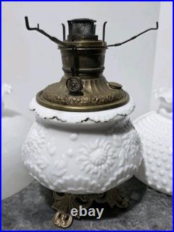 Victorian Royal Embossed Brass Oil Lamp 1890's Flame Spreader Wick, 2 Shades