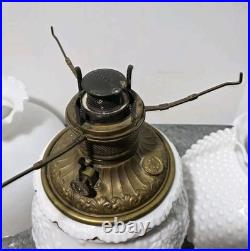 Victorian Royal Embossed Brass Oil Lamp 1890's Flame Spreader Wick, 2 Shades