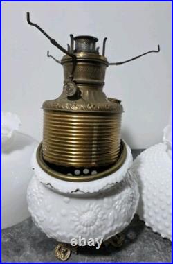 Victorian Royal Embossed Brass Oil Lamp 1890's Flame Spreader Wick, 2 Shades