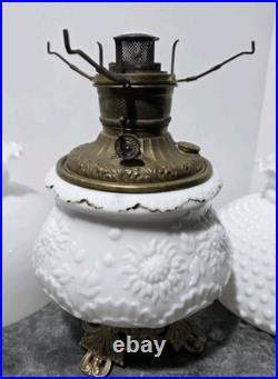 Victorian Royal Embossed Brass Oil Lamp 1890's Flame Spreader Wick, 2 Shades