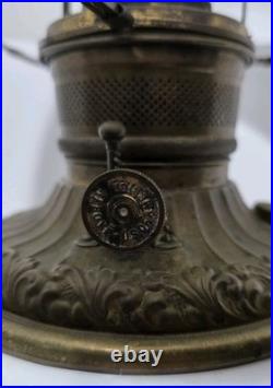 Victorian Royal Embossed Brass Oil Lamp 1890's Flame Spreader Wick, 2 Shades