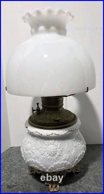 Victorian Royal Embossed Brass Oil Lamp 1890's Flame Spreader Wick, 2 Shades