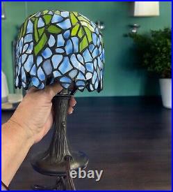 Vintage 12 Tiffany Style Wisteria Table Lamp Leaded Stained Glass Blue Green