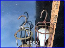 Vintage 1920s Industrial Wood Handle Metal Cage Hanging Trouble Light Pair Parts