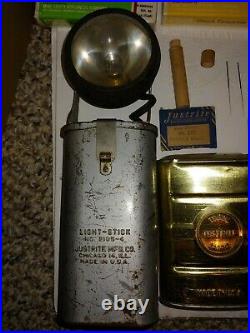 Vintage 40s/50s Coal Mining, Justrite Carbide Pocket Cans, Light-Stick, Lamp Parts