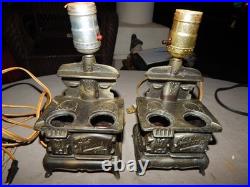 Vintage Acme Cast Iron Wood Stove Lamps Lot Of 2 Works Parts Estate Find
