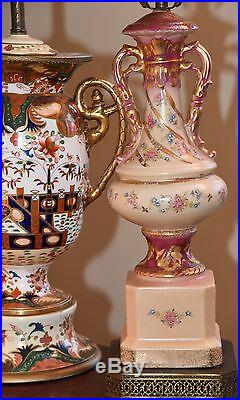 Vintage Antique Lamp Parts Hand Painted Gold Gilt Victorian Roses Handles 29h