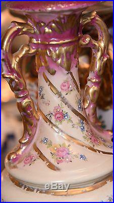 Vintage Antique Lamp Parts Hand Painted Gold Gilt Victorian Roses Handles 29h