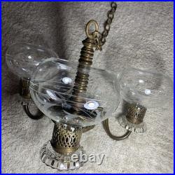 Vintage Art Deco Brass & Crystal Chandelier Etched Glass Shades, For Parts EUC
