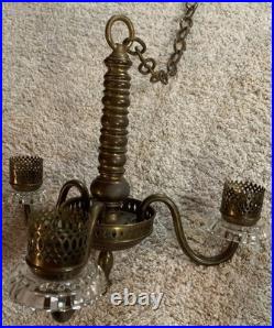 Vintage Art Deco Brass & Crystal Chandelier Etched Glass Shades, For Parts EUC