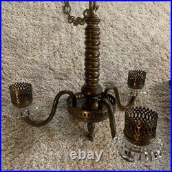 Vintage Art Deco Brass & Crystal Chandelier Etched Glass Shades, For Parts EUC