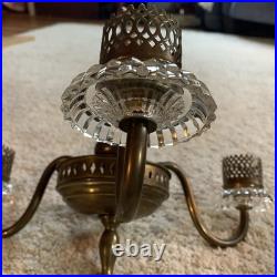 Vintage Art Deco Brass & Crystal Chandelier Etched Glass Shades, For Parts EUC