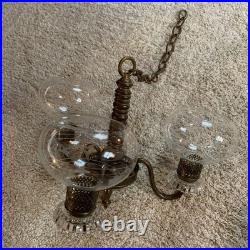 Vintage Art Deco Brass & Crystal Chandelier Etched Glass Shades, For Parts EUC