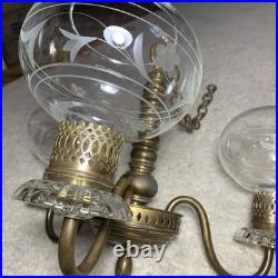 Vintage Art Deco Brass & Crystal Chandelier Etched Glass Shades, For Parts EUC