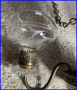 Vintage Art Deco Brass & Crystal Chandelier Etched Glass Shades, For Parts EUC Vintage Art Deco Brass & Crystal Chandelier Etched Glass Shades, For Parts EUC