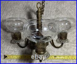 Vintage Art Deco Brass & Crystal Chandelier Etched Glass Shades, For Parts EUC